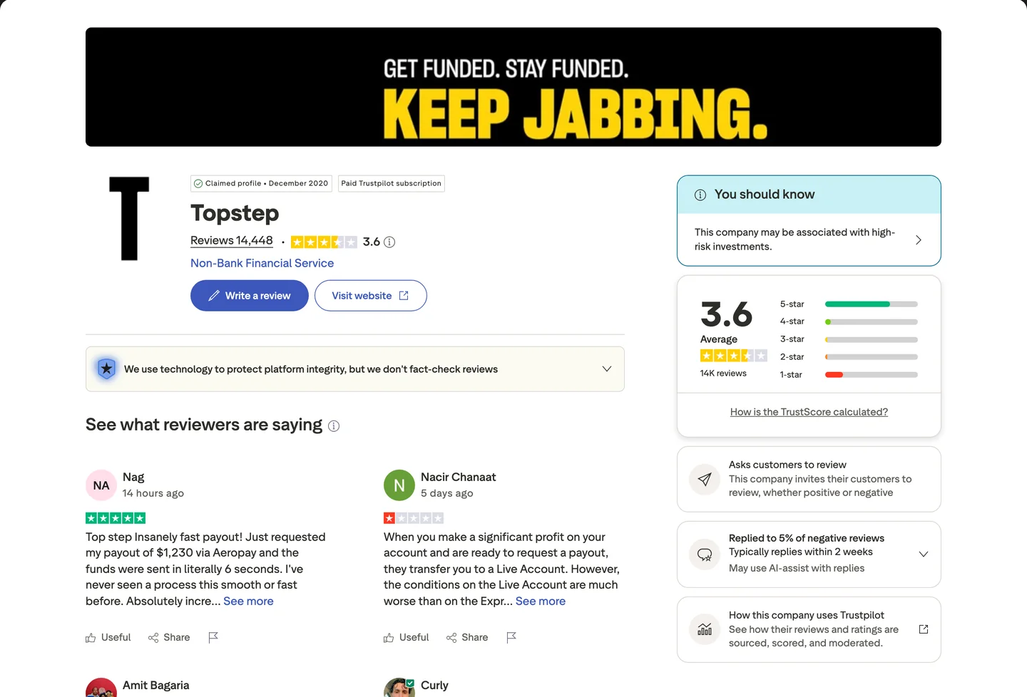 Topstep Trustpilot profile in July 2026 showing a 3.6 average from 14,448 reviews and Trustpilot's high-risk-investment notice